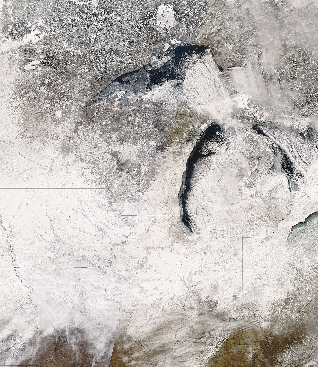 A NASA satellite image of the Great Lakes states after the snowfall