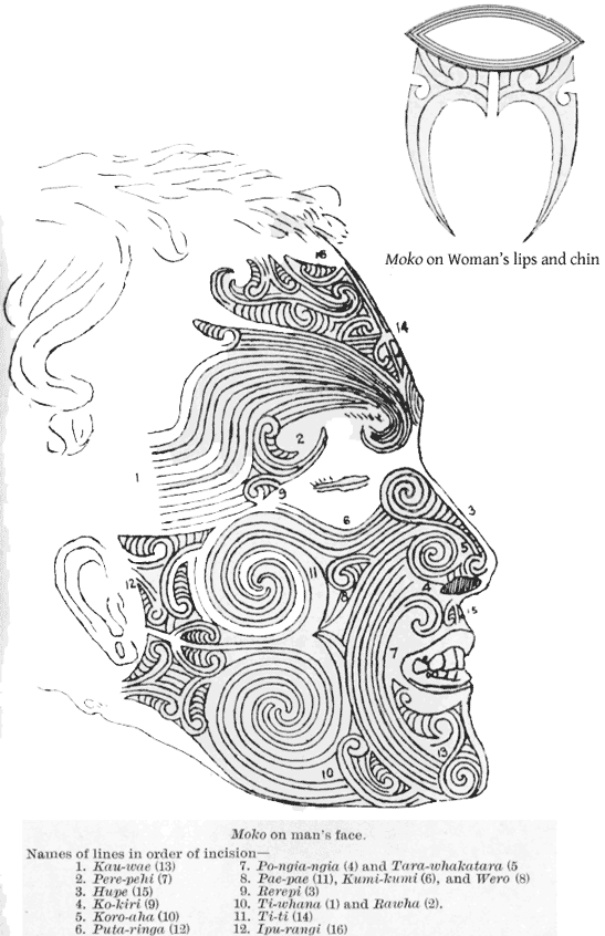 Maori Moko, scanned from John Rutherford: The White Chief (pre-1923)